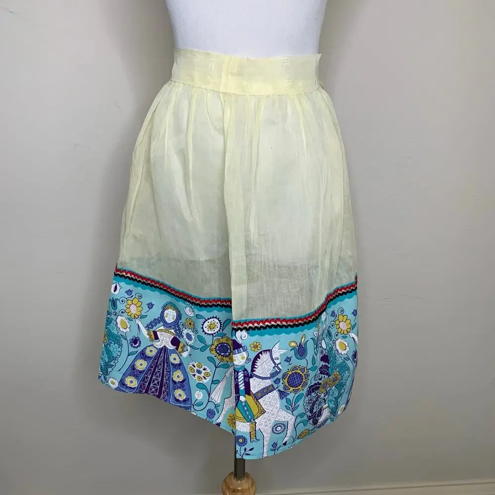 Vintage 60s Sheer Yellow Half Apron Folk Art Scandinavian Blue Hem OSFM